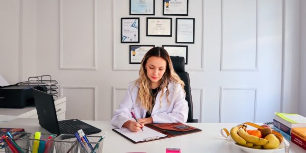 Nutritionist sits at a modern office desk writing, with fruits and diplomas displayed, emphasizing health and professionalism.